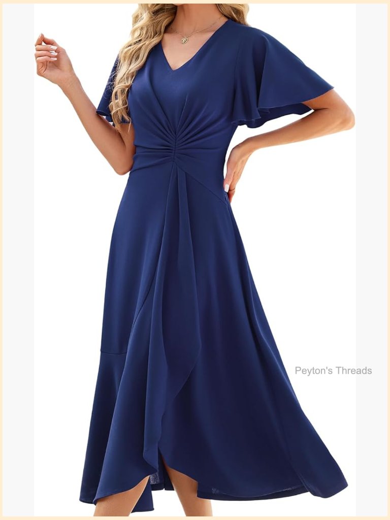 Wedding Guest Dress With Pockets Ruffle Sleeve A-Line Formal Midi